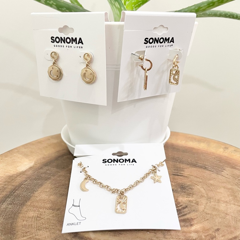 NWT Sonoma Gold, moon, and star earrings and anklet